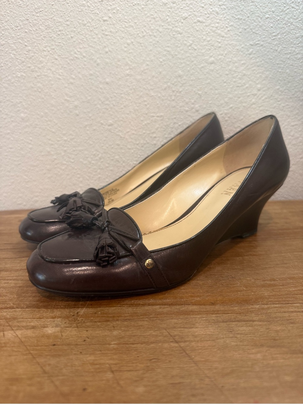 Lauren Ralph Lauren Brown Leather Tassel Loafer Wedge Heels Size 8.5